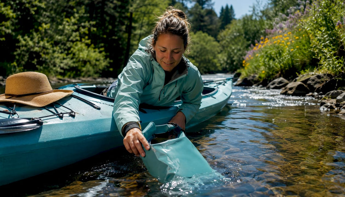 Adventurer testing waterproof bag in mountain lake