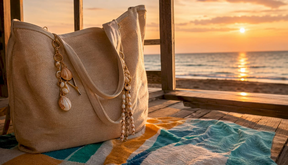 Beach tote with natural and metallic charms hanging on fence