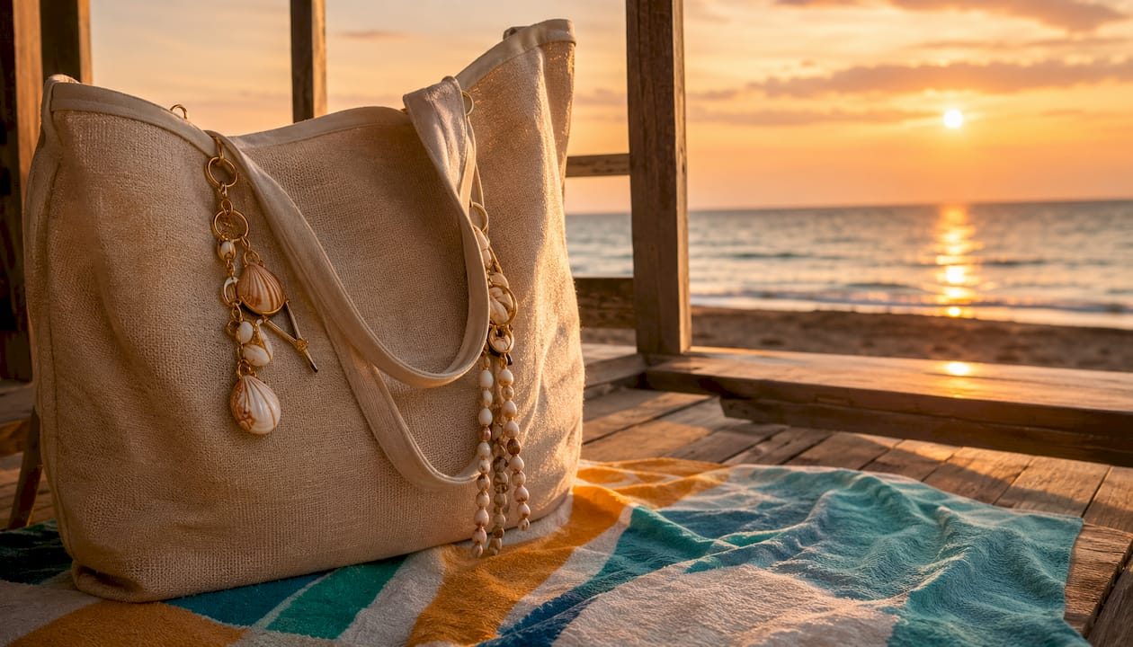 Beach tote with natural and metallic charms hanging on fence