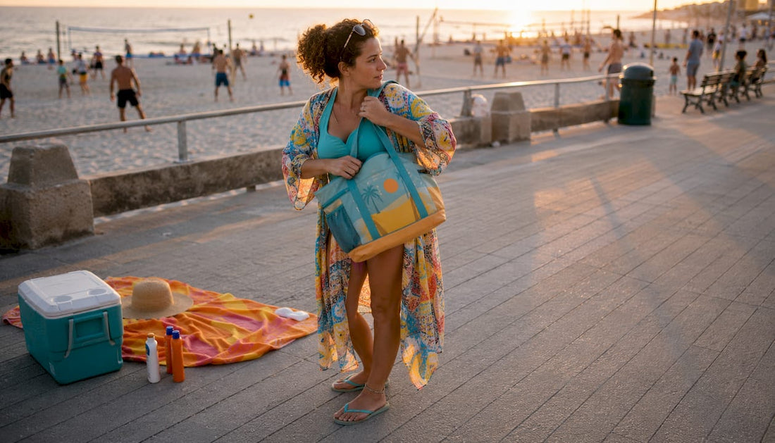 Sports mom with beach bag on sand