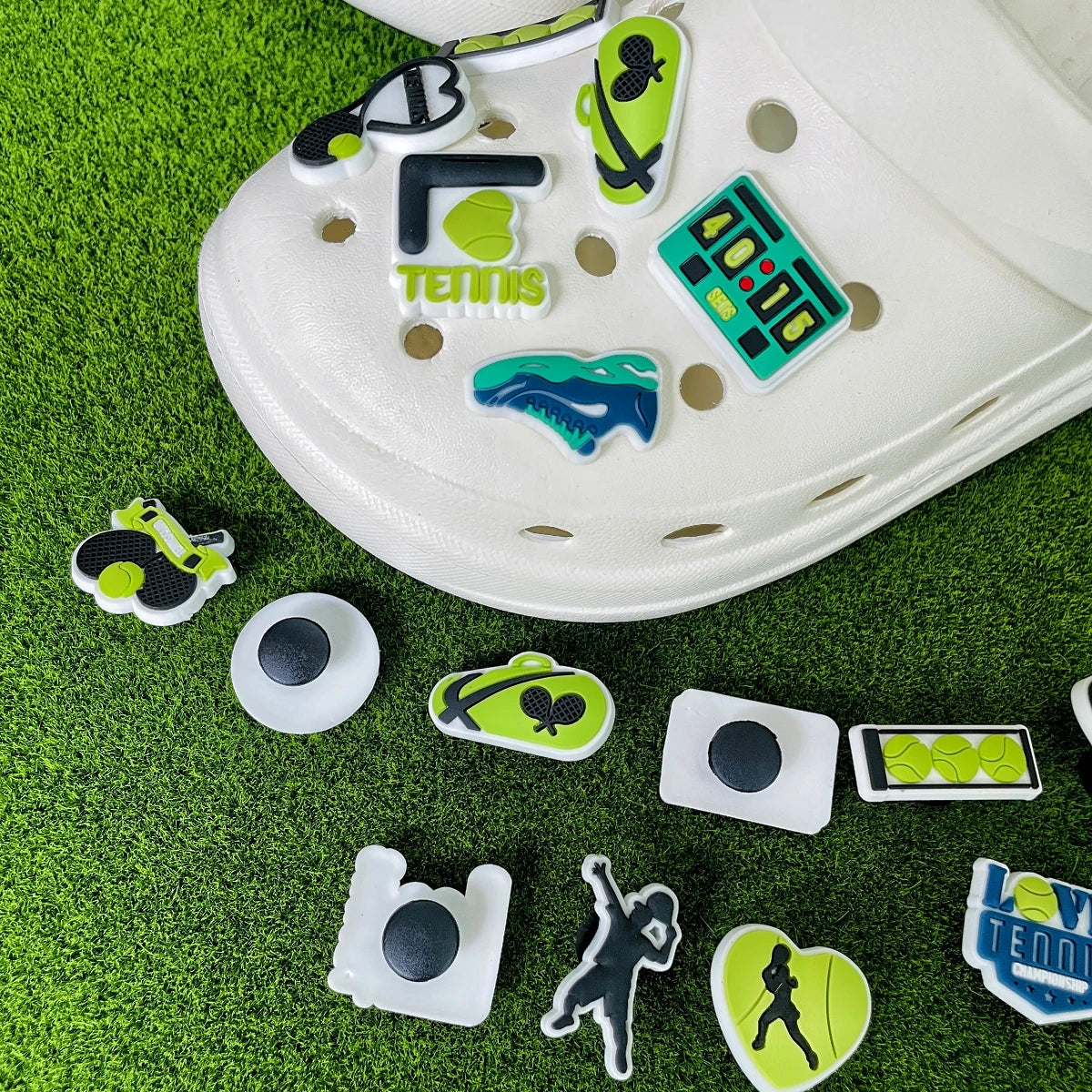 Tennis Bag / Clog Shoe Charms – 12 or 32 Piece Tennis Charm Set, Tennis Team Gifts, Sports Shoe Accessories, Tennis Player Gift