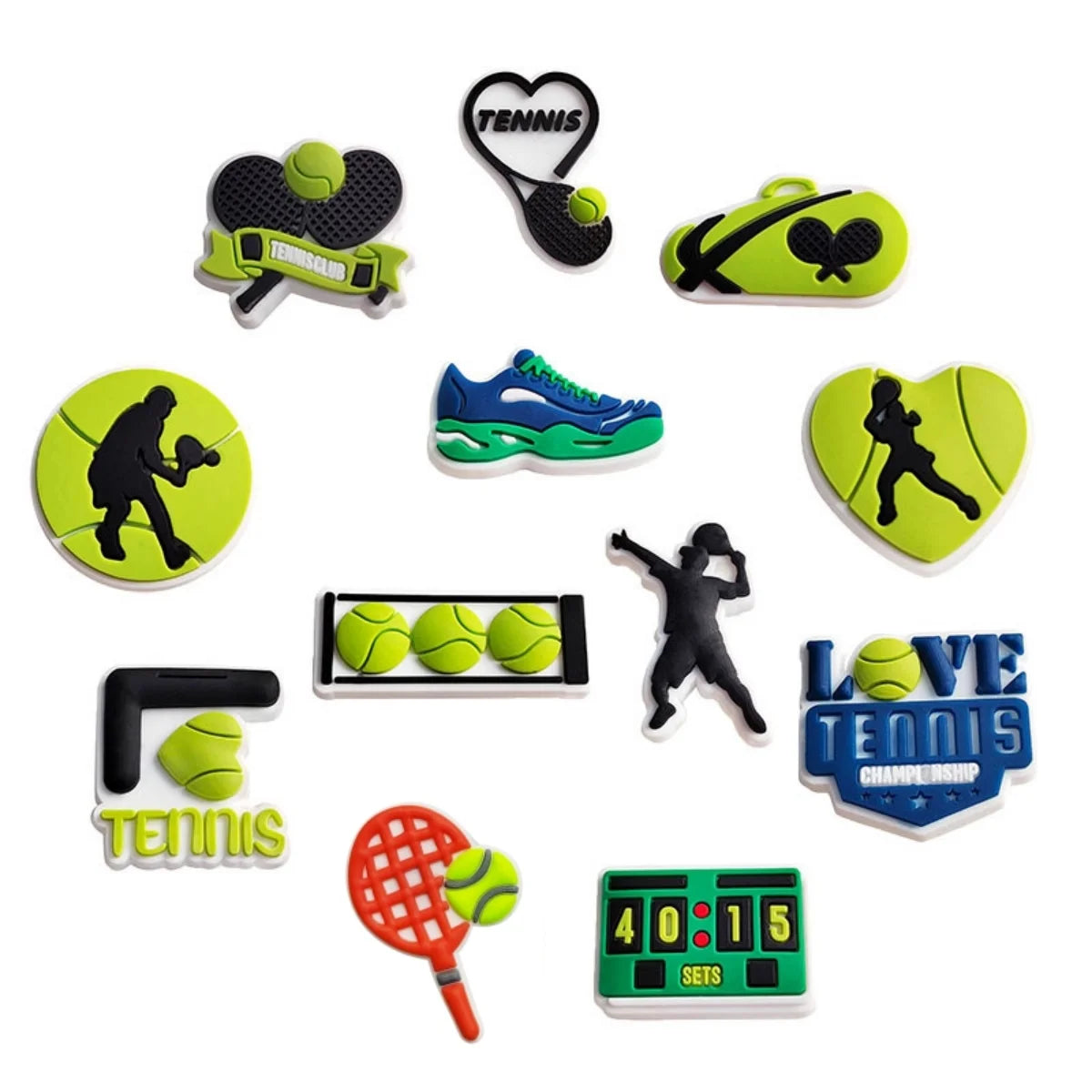 Tennis Bag / Clog Shoe Charms – 12 or 32 Piece Tennis Charm Set, Tennis Team Gifts, Sports Shoe Accessories, Tennis Player Gift